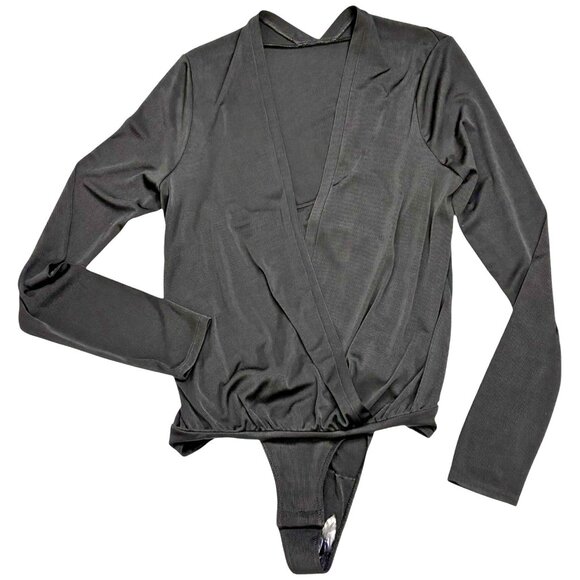 BCBGMAXAZRIA Black Surplice Wrap Long Sleeved Bodysuit - Picture 6 of 11